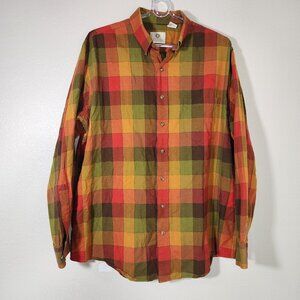 Viyella Button Down Gingham Plaid Orange Red Green Cotton Wool Blend XL